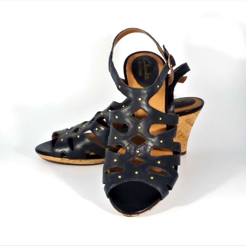 Clark Artisan Blk Lther Wedge Sandal Sz 7 NWOT